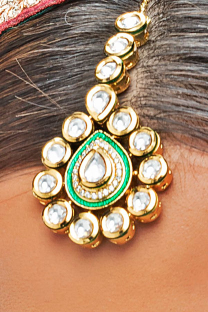 Graceful Polki Kundan Green Enamel Full Bridal Set - Rent Jewels