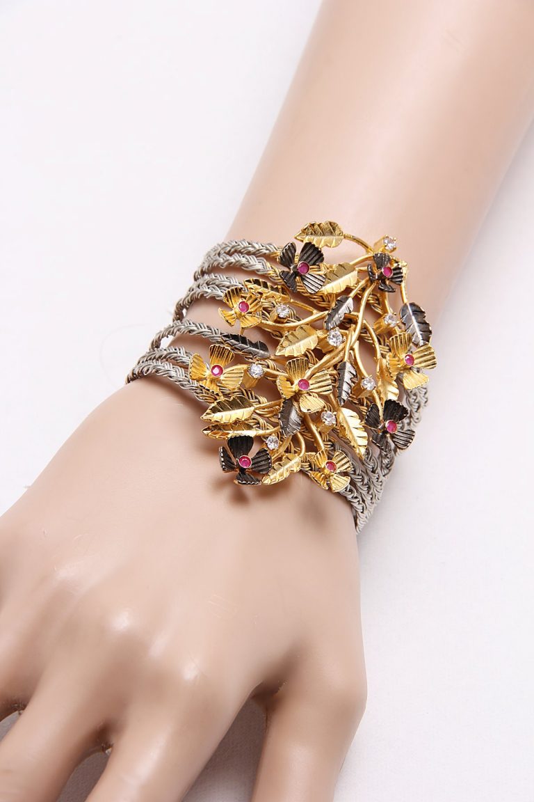 Fusion Oxidised Silver Gold Filigree Broad Bracelet Bangle - Rentjewels