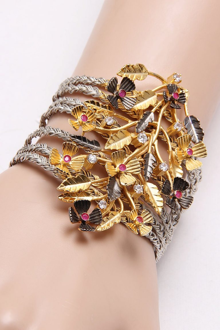 Fusion Oxidised Silver Gold Filigree Broad Bracelet Bangle - Rentjewels