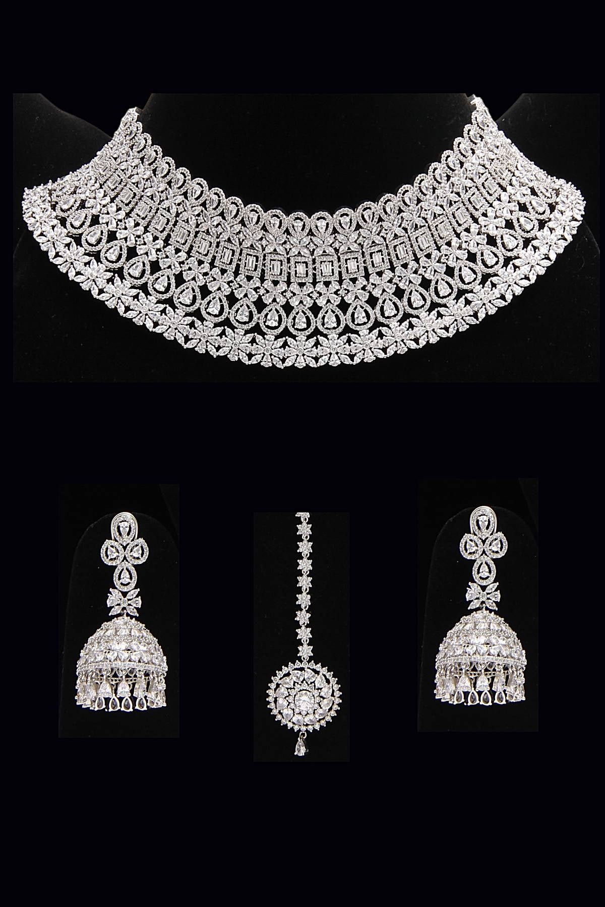 Silver Signity Diamonds Choker Necklace Set