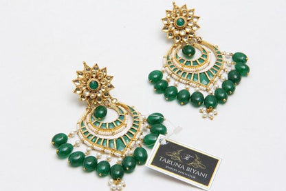 Statement Kundan Green Dangle Earrings