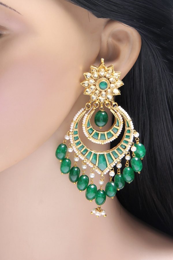 Statement Kundan Green Dangle Earrings - Rentjewels