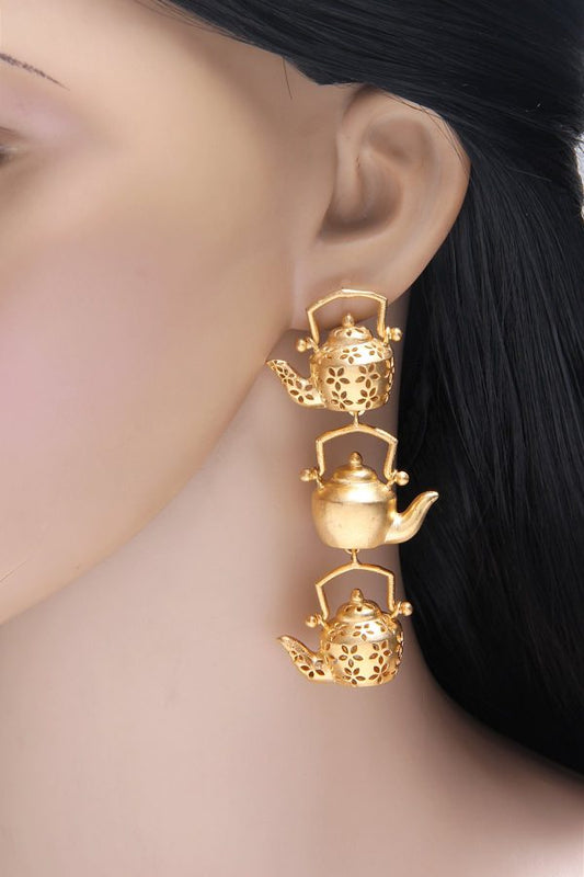 Fancy Long Gold Plated Earrings - Rentjewels