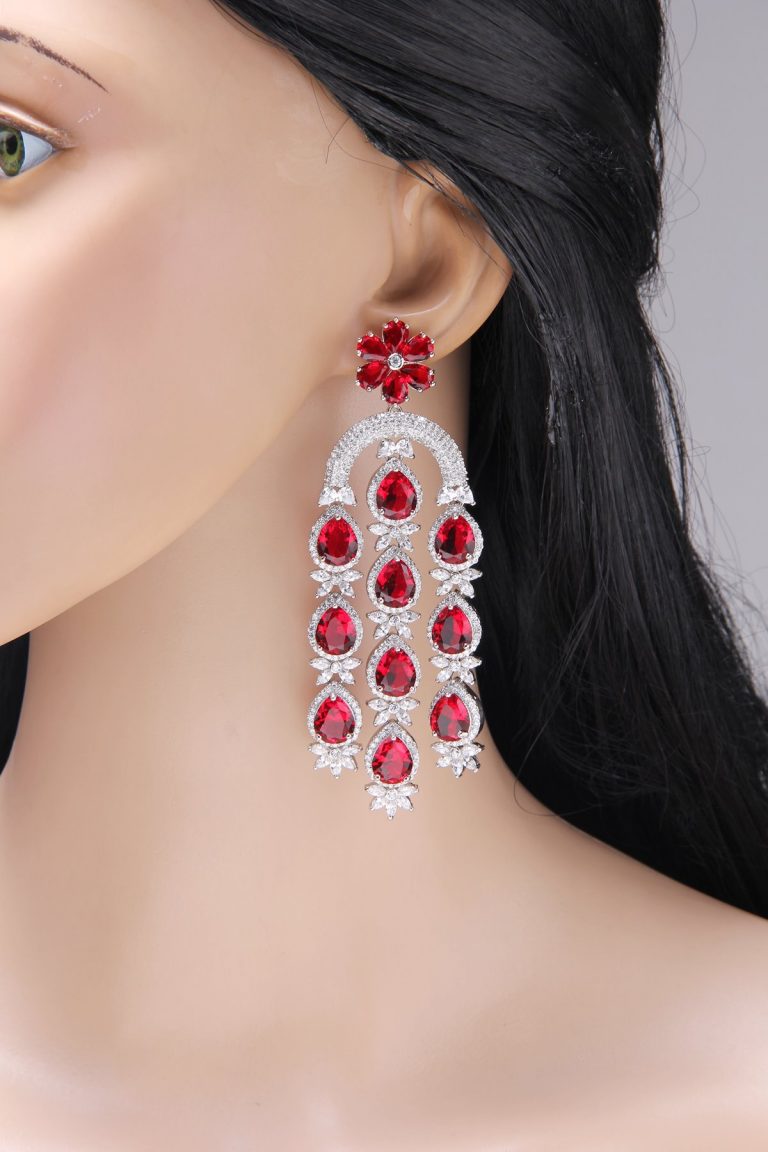 Red Swarovski Chandelier Dangle Silver Earrings - Rentjewels