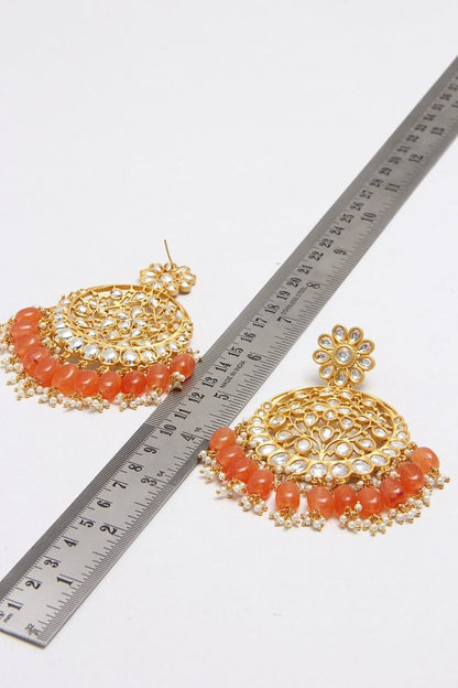 Orange Kundan Round Chandbala Dangle Earrings - Rentjewels
