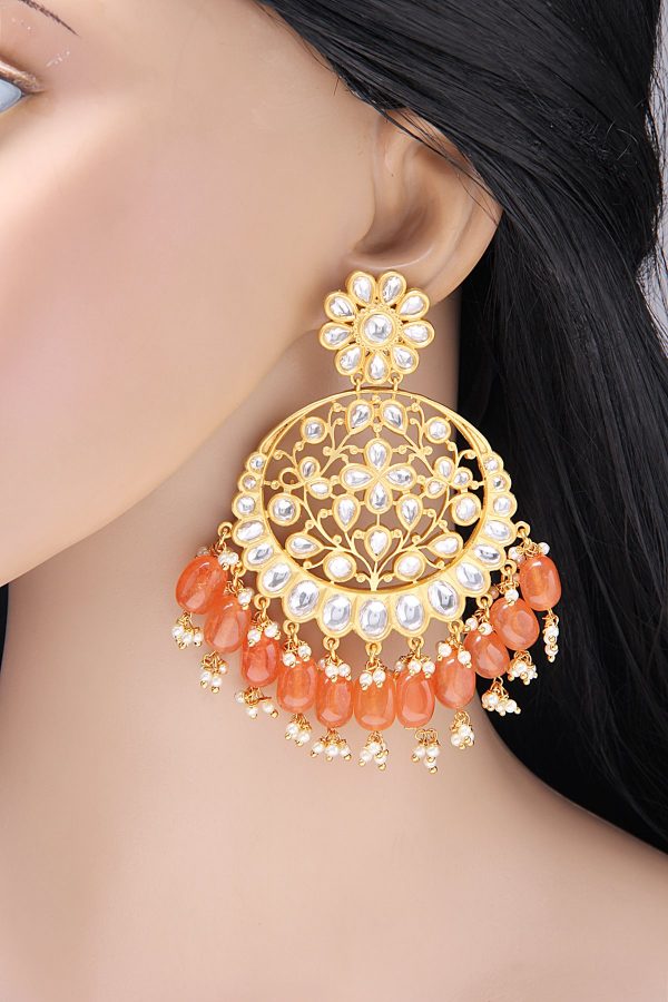 Orange Kundan Round Chandbala Dangle Earrings - Rentjewels