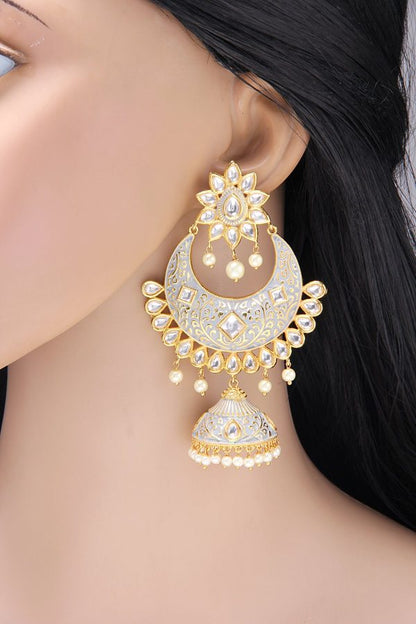 Fusion Kundan Gray Meena Jhumka Earrings - Rentjewels