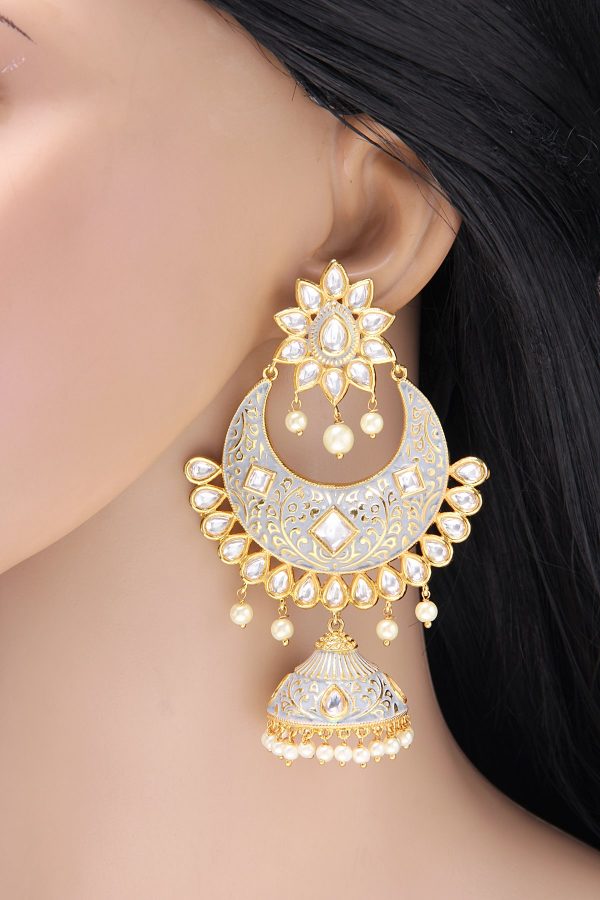Fusion Kundan Gray Meena Jhumka Earrings - Rentjewels