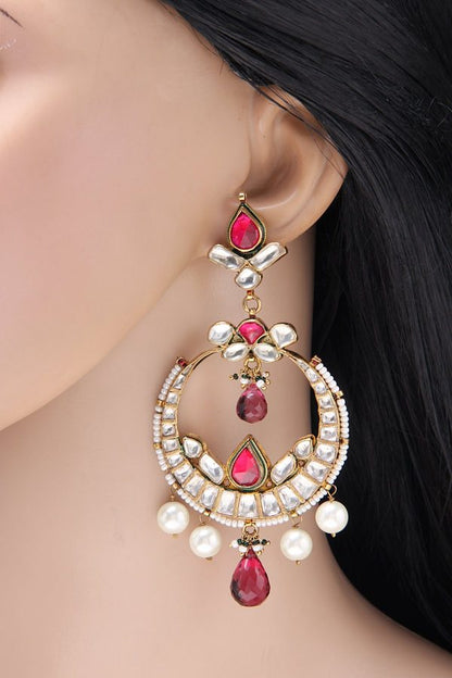 Kundan Chandbala Ruby Pink Earrings - Rentjewels
