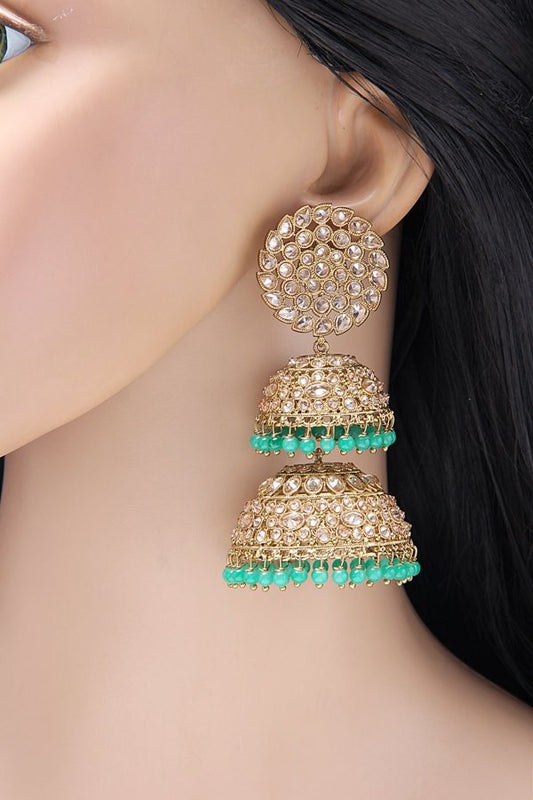 CZ Polki Antique Gold Jhumka Long Earrings - Rentjewels