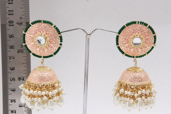 Pink Meena Kundan Green Outline Jhumka Earrings