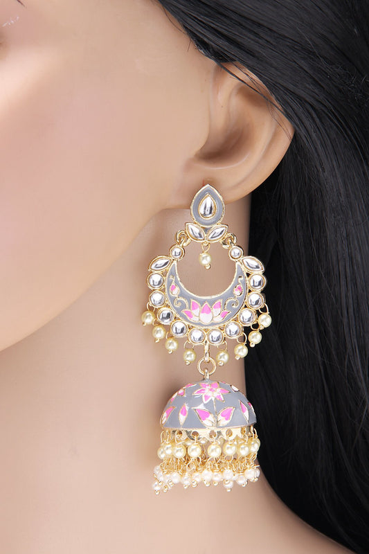 Gray Pink Meena Kundan Jhumka Earrings - Rent Jewels