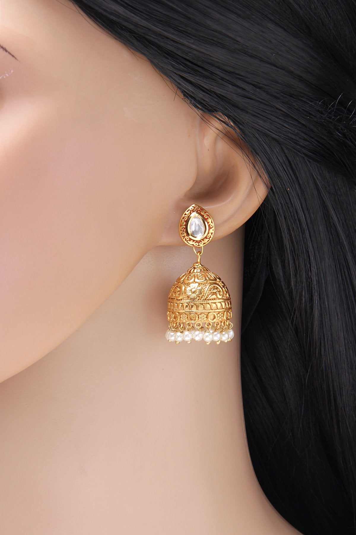 Antique Gold Kundan Jhumka Earrings - Rent Jewels