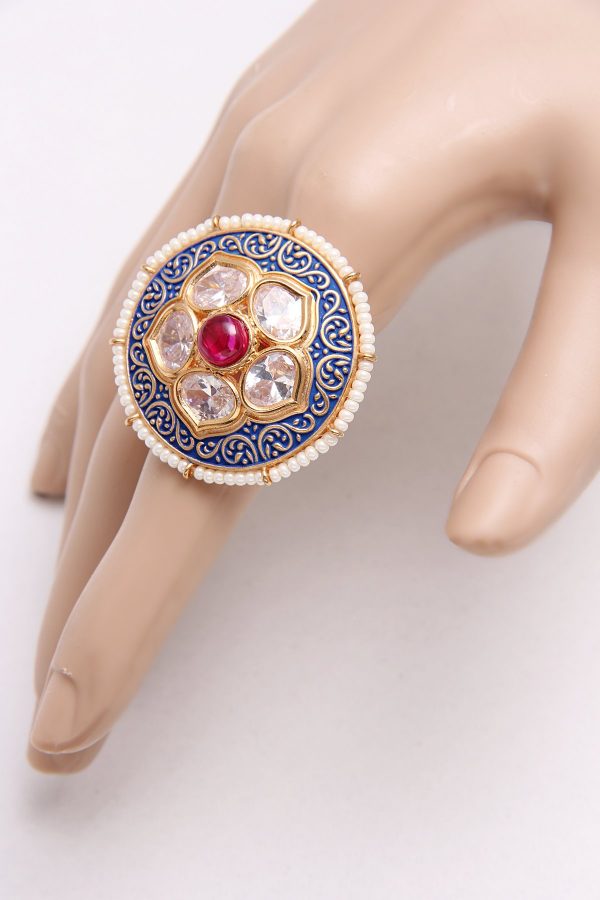 Ruby Blue Meenakari Kundan Cocktail Ring - Rentjewels