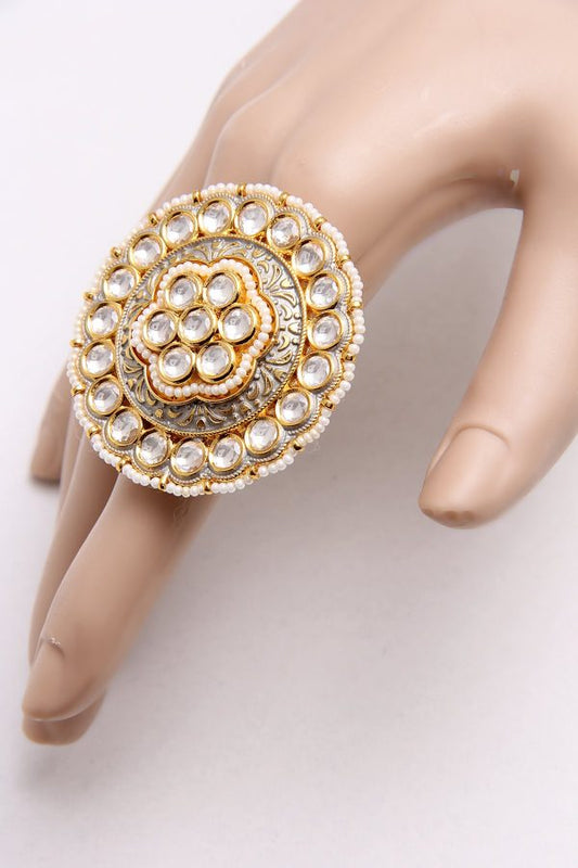 Gray Meenakari Pearls Kundan Cocktail Ring - Rentjewels