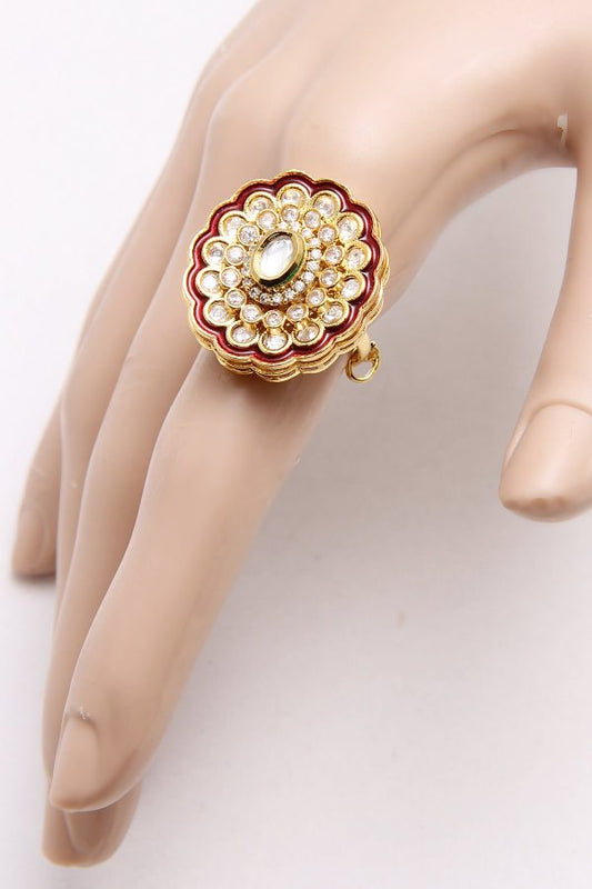 Kundan Red Meena Cocktail Ring - Rentjewels