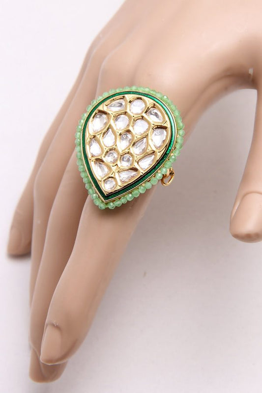 Green Meena Tear Cocktail Kundan Ring - Rentjewels