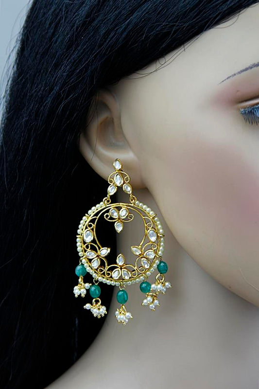 Polki Kundan Round Green Chandbala Earrings - Rent Jewels