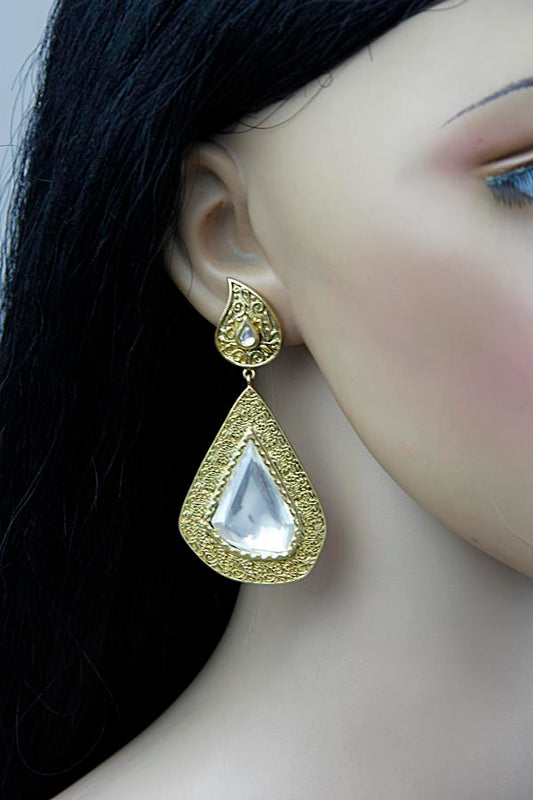 Modern Uncut Kundan Gold Plated Earrings - Rent Jewels