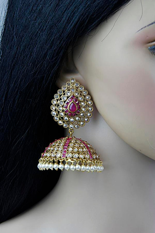 Oxidised Gold Ruby Red Big Jhumka Earrings - Rent Jewels
