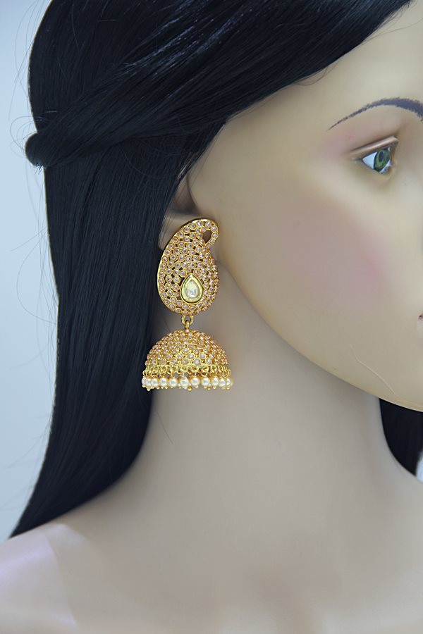 Crystal Studded Gold Jhumka Earrings