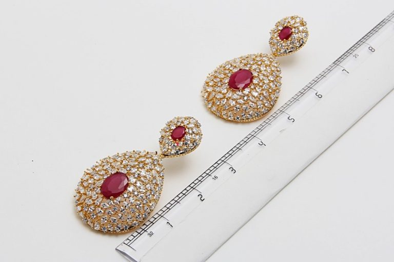 Gorgeous Signity Diamond Ruby Red Dangle Earrings - Rent Jewels