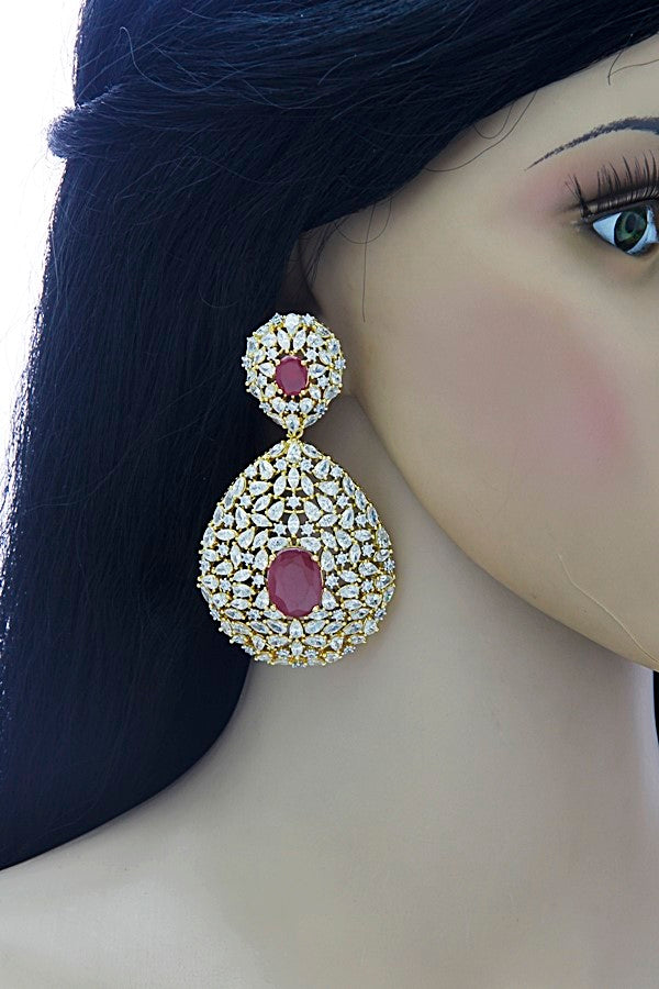 Gorgeous Signity Diamond Ruby Red Dangle Earrings - Rent Jewels