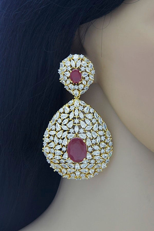 Gorgeous Signity Diamond Ruby Red Dangle Earrings - Rent Jewels