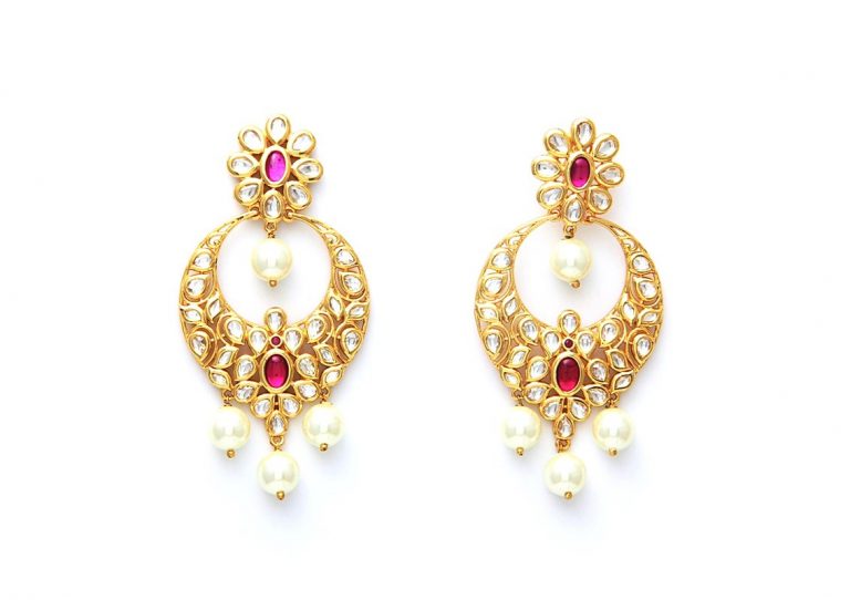 Intricate Polki Kundan Dangle Chandbala Earrings - Rent Jewels