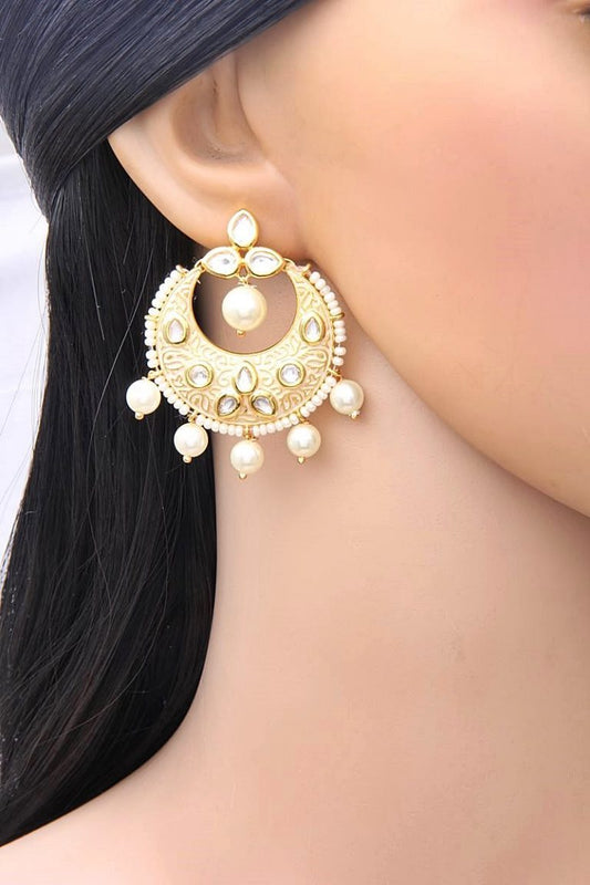 Ivory White Meena Kundan Chandbala Earrings - Rent Jewels