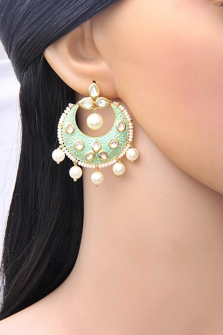 Mint Green Meena Kundan Chandbala Earrings