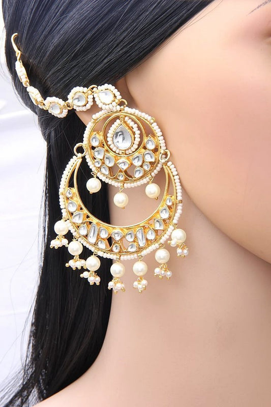 Kundan White Pearls Chandbala Earrings - Rent Jewels