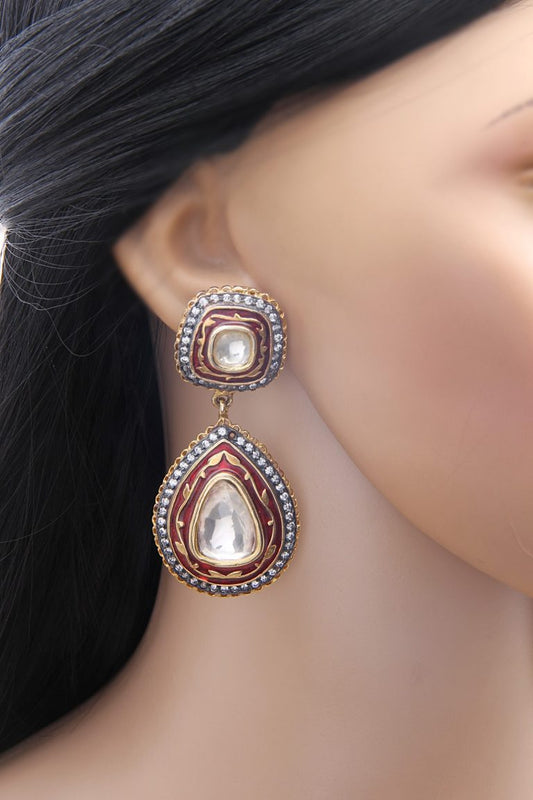 Ethnic Polki Kundan Red Meena Dangler Earrings - Rent Jewels