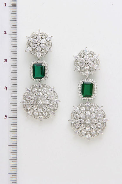 Emerald Green Diamonds Silver Long Earrings