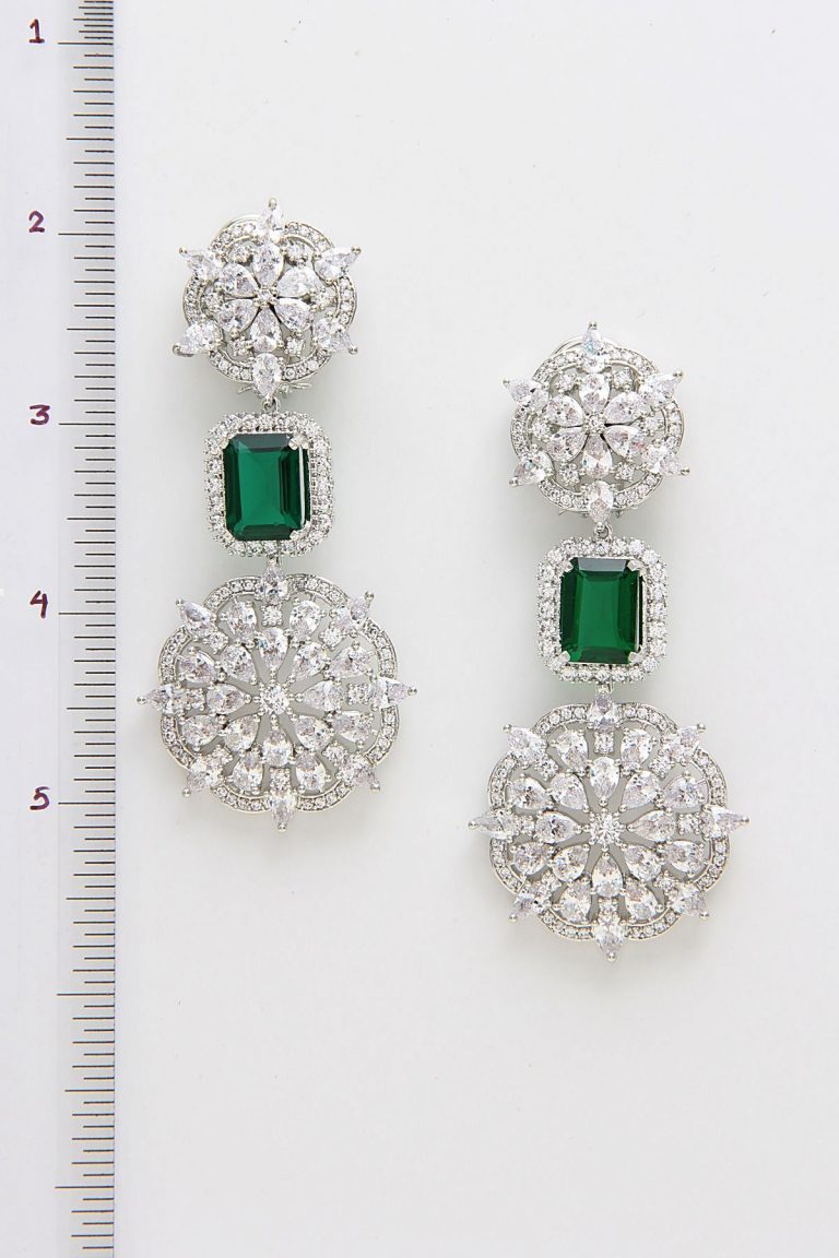 Emerald Green Diamonds Silver Long Earrings - Rent Jewels