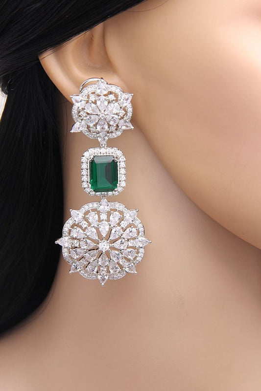 Emerald Green Diamonds Silver Long Earrings - Rent Jewels