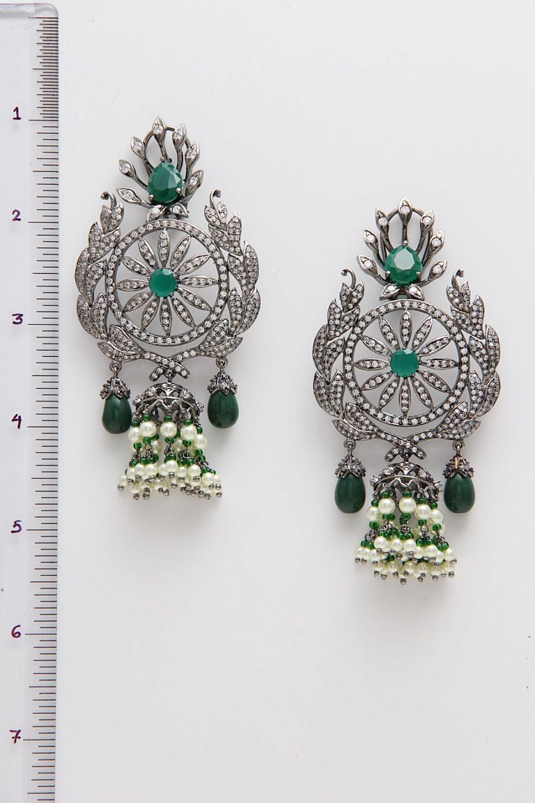 Victorian Oxidised Silver Diamonds Green Dangle Earrings - Rent Jewels