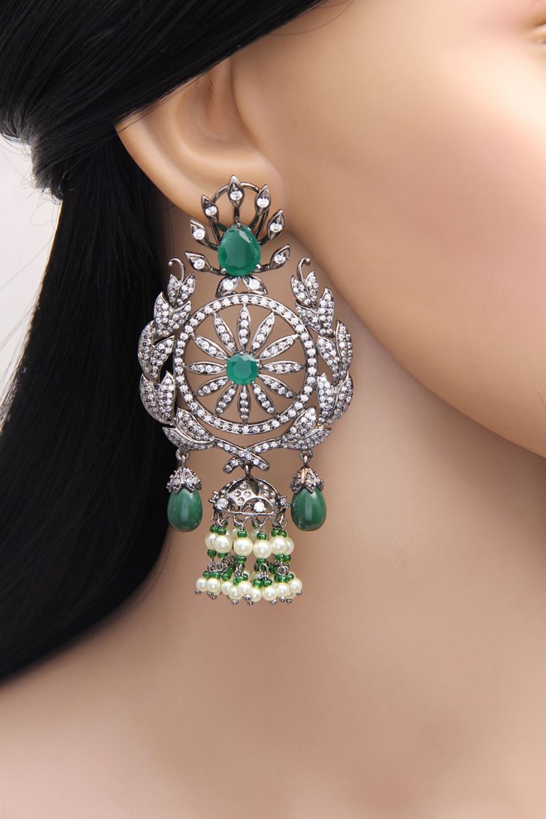 Victorian Oxidised Silver Diamonds Green Dangle Earrings