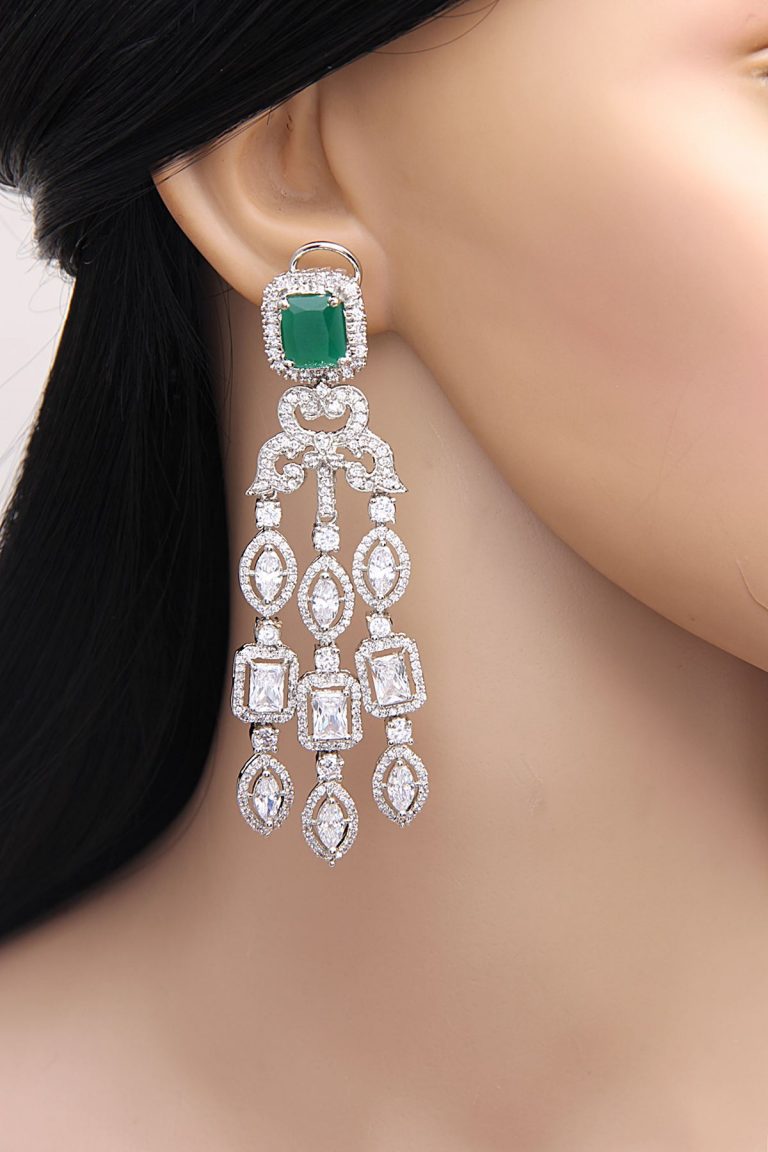 Layered Signity Diamonds Emerald Green Silver Earrings - Rent Jewels