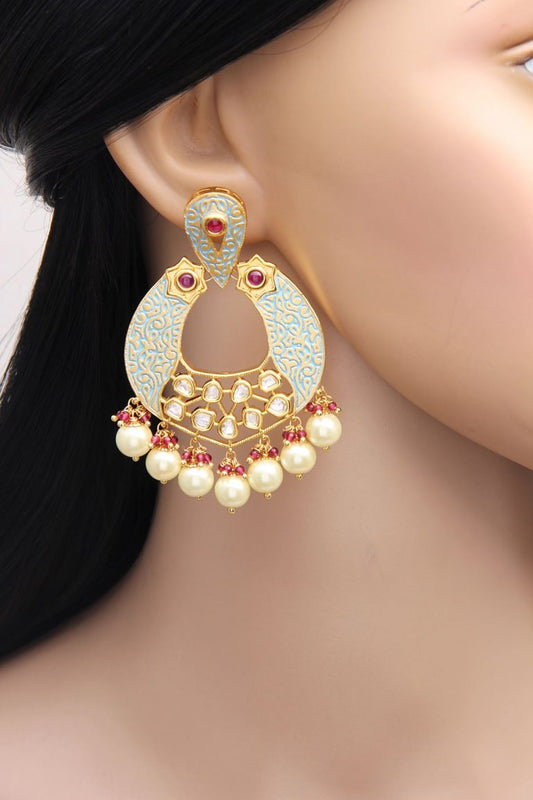 Mint Blue Meena Geru Engraved Kundan Earrings - Rent Jewels