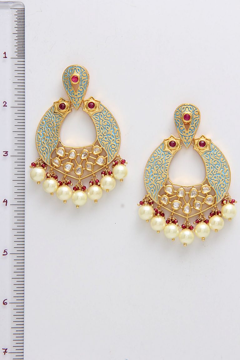 Mint Blue Meena Geru Engraved Kundan Earrings - Rent Jewels