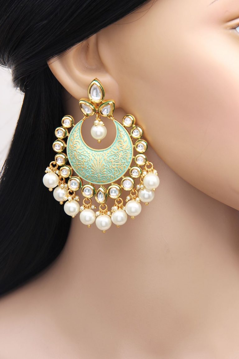 Mint Green Kundan Pearl Chandbala Earrings