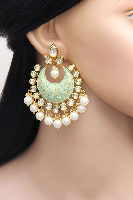 Mint Green Kundan Pearl Chandbala Earrings - Rent Jewels