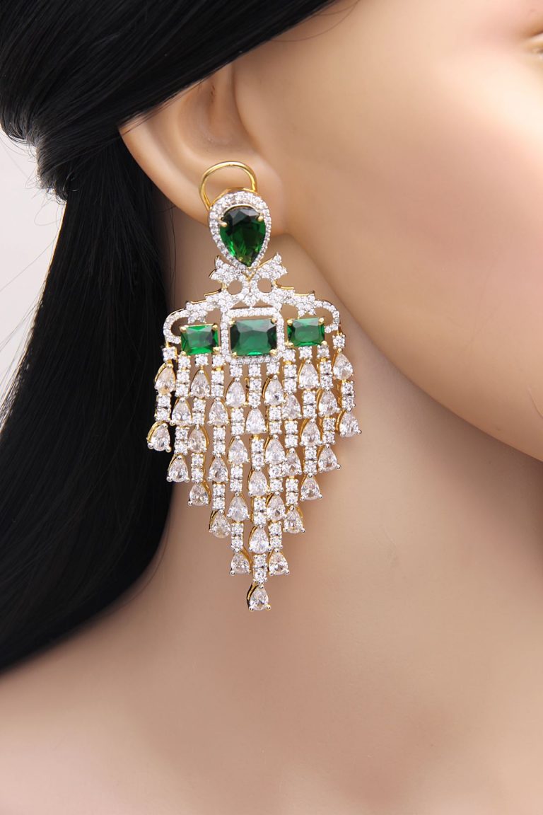 Layered Diamond Green Swarovski Dangle Earrings