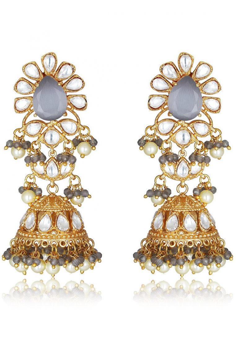 Statement Kundan Gray Antique Gold Jhumka Earrings - Rentjewels