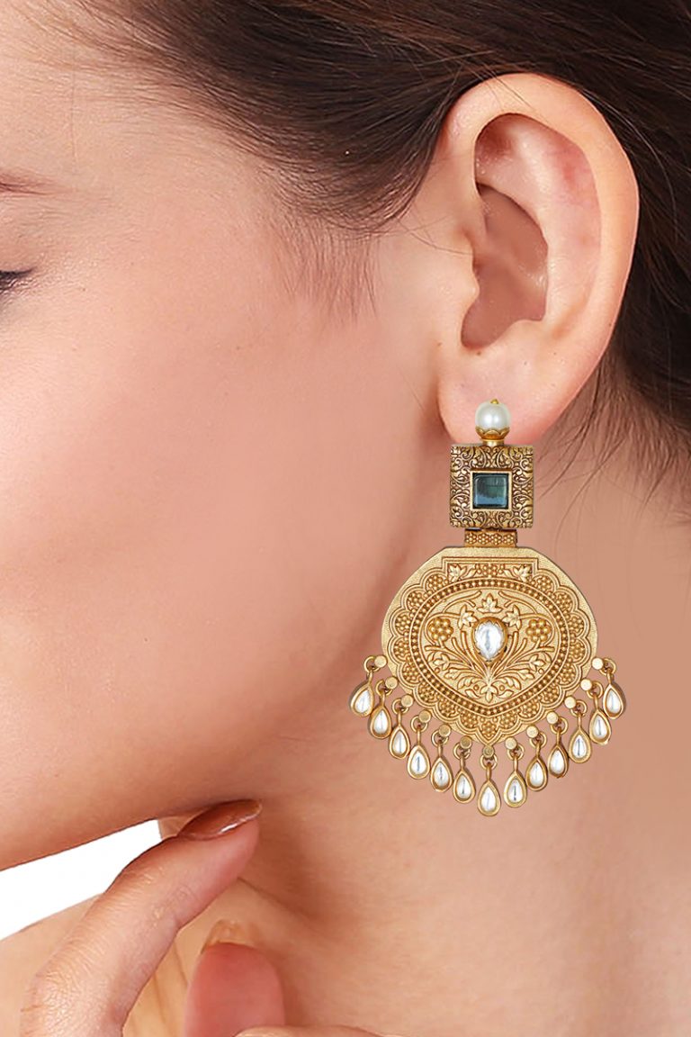Statement Kundan Antique Gold Plated Blue Earrings