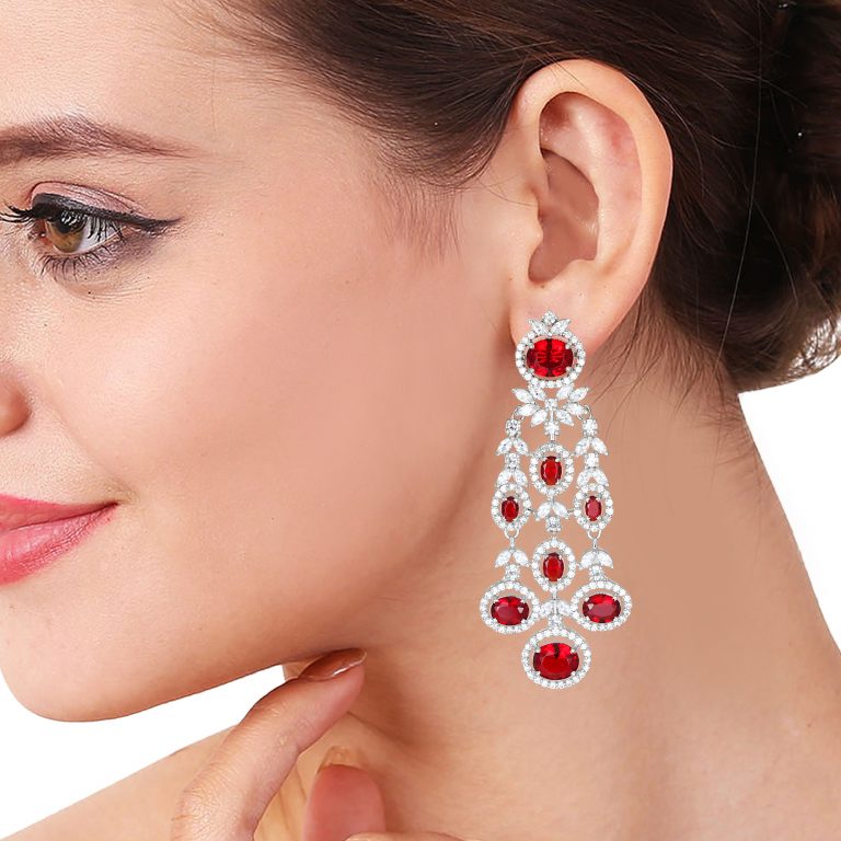 Red Swarovski Chandelier Dangle Silver Earrings - Rentjewels