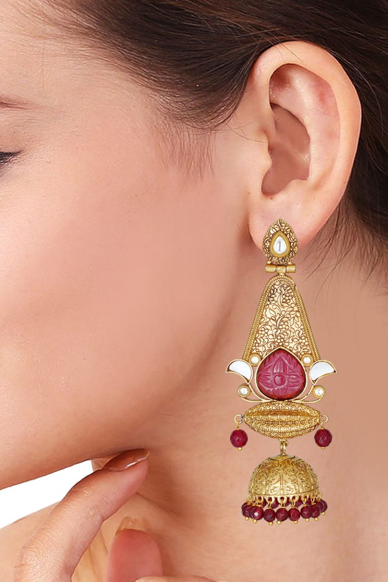 Statement Kundan Antique Gold Red Jhumka Big Earrings - Rentjewels