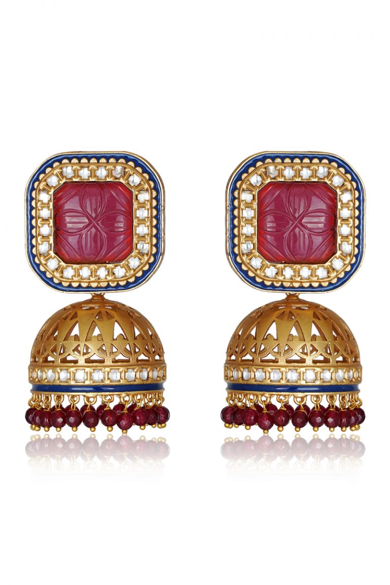 Statement Kundan Antique Gold Red Jhumka Big Earrings