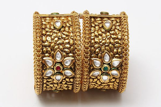 Ethnic Gold Plated Broad Kada Bangles Pair - Rentjewels